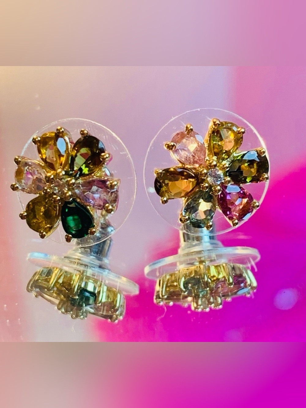 New Genuine colorful tourmaline gold gf earrings studs - Picture 9 of 11